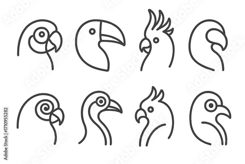 Tropical Bird Icons. Line style icons of tropical bird heads: parrot with bold cheek, toucan with high beak, cockatoo with lifted