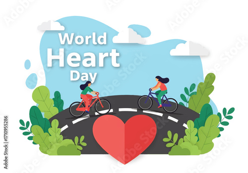 Flat illustration of cyclists riding on a heart-shaped road, celebrating World Heart Day and promoting cardiovascular health, fitness, exercise, and an active lifestyle for wellness and prevention