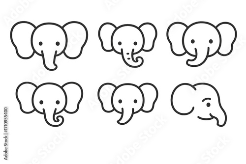 Cute Elephant Faces. Line style icons of cute elephant faces: elephant with big ears, baby elephant, elephant with curved trunk,