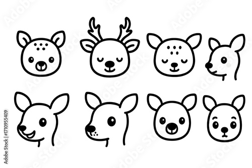 Cute Deer Faces Icons. Line style icons of cute deer faces: baby deer, deer with antlers, sleepy deer, blushing deer; smiling fawn