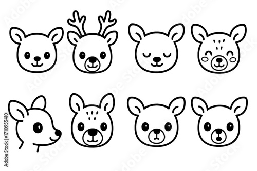 Cute Deer Faces Icons. Line style icons of cute deer faces: baby deer, deer with antlers, sleepy deer, blushing deer; smiling fawn
