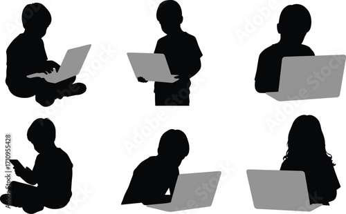 Children using technology silhouette vector, laptop and smartphone poses, black and white youth art, minimal digital design, kids device engagement image set