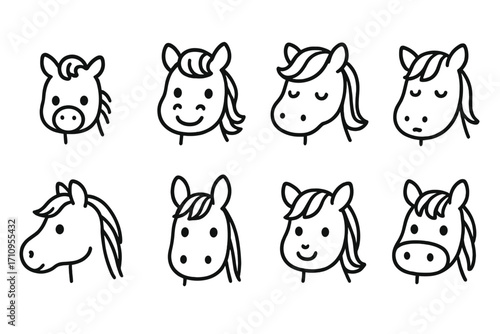 Cute Horse Icons. Line style icons of cute horse faces: baby horse, smiling pony, horse with mane, sleepy horse; side face horse,