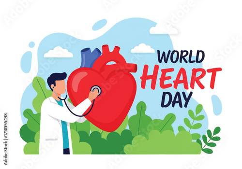 Flat illustration of a doctor using a stethoscope to check a giant heart, celebrating World Heart Day and promoting cardiovascular health, prevention, and medical care