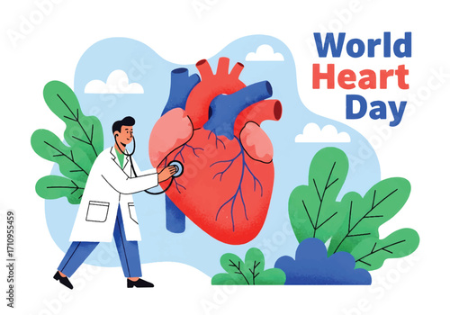 Flat illustration of a doctor using a stethoscope to check a giant heart, celebrating World Heart Day and promoting cardiovascular health, prevention, and medical care