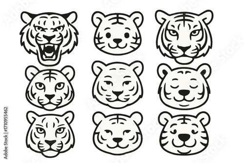 Tiger Face Icons. Line style icons of tiger faces: roaring tiger, baby tiger, tiger with stripes, front-facing tiger; tiger with