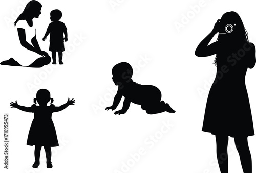 Mother child silhouette, interacting child poses, black and white parent photograph, minimal design, maternal moment artwork, family vector, parenting illustration