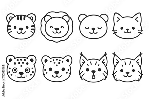 Cute Cartoon Cat Icons. Line style icons of cute cartoon cat faces: happy tiger, smiling lion, sleepy panther, kitten with blush;