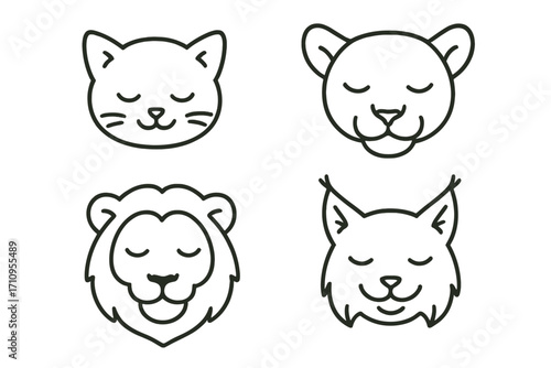 Serene Feline Icons. Line style icons of relaxed feline faces: sleeping kitten, calm puma, soft-eyed lion, smiling lynx; closed