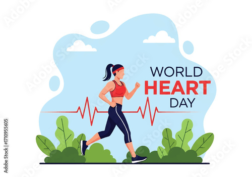Flat illustration of a woman jogging with a heartbeat line, celebrating World Heart Day and promoting cardiovascular health, fitness, and an active lifestyle for wellness and prevention