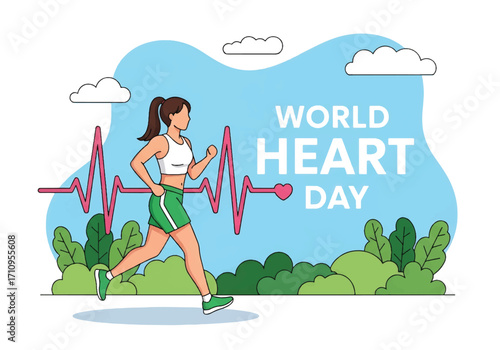 Flat illustration of a woman jogging with a heartbeat line, celebrating World Heart Day and promoting cardiovascular health, fitness, and an active lifestyle for wellness and prevention