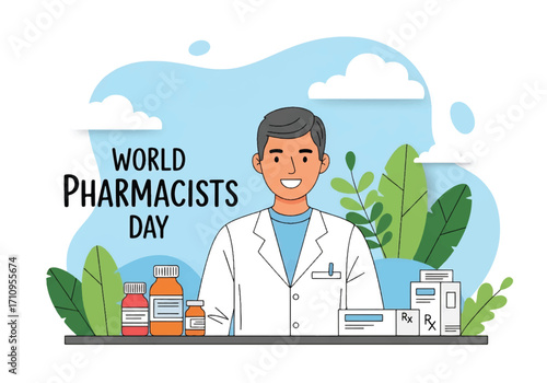 Flat illustration of a smiling pharmacist with medicine bottles and prescriptions on a counter, celebrating World Pharmacists Day and recognizing healthcare, trust, and pharmaceutical services