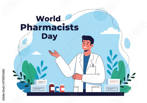 Flat illustration of a smiling pharmacist with medicine bottles and prescriptions on a counter, celebrating World Pharmacists Day and recognizing healthcare, trust, and pharmaceutical services