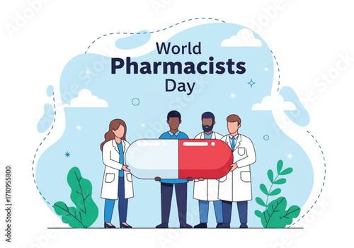 Flat illustration of pharmacists working together holding a giant pill, celebrating World Pharmacists Day and symbolizing teamwork, healthcare, and the importance of medicine in global wellness