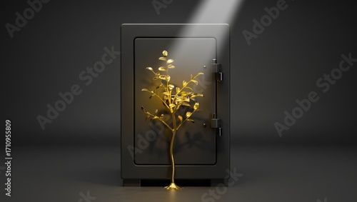 Conceptual image of a small golden tree standing in front of a closed black metal safe, illuminated by a single dramatic spotlight
