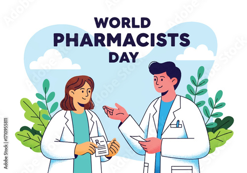 Flat illustration of a pharmacist giving medicine to a patient with a prescription, celebrating World Pharmacists Day and highlighting healthcare, trust, and the importance of pharmacy services