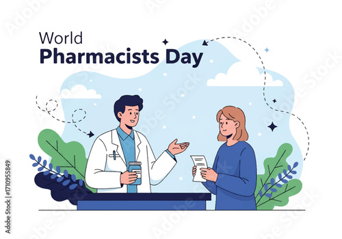 Flat illustration of a pharmacist giving medicine to a patient with a prescription, celebrating World Pharmacists Day and highlighting healthcare, trust, and the importance of pharmacy services