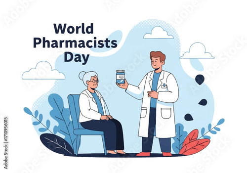 Flat illustration of a pharmacist assisting an elderly with medicine, celebrating World Pharmacists Day and emphasizing healthcare, patient care, trust, and community wellness