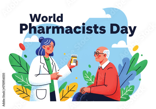Flat illustration of a pharmacist assisting an elderly with medicine, celebrating World Pharmacists Day and emphasizing healthcare, patient care, trust, and community wellness