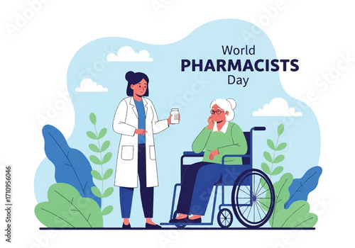 Flat illustration of a pharmacist assisting an elderly with medicine, celebrating World Pharmacists Day and emphasizing healthcare, patient care, trust, and community wellness