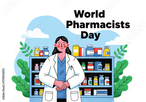 Flat illustration of a pharmacist standing in front of medicine shelves, celebrating World Pharmacists Day and highlighting the role of pharmacy in healthcare, wellness, and patient support