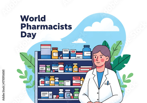Flat illustration of a pharmacist standing in front of medicine shelves, celebrating World Pharmacists Day and highlighting the role of pharmacy in healthcare, wellness, and patient support