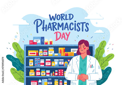 Flat illustration of a pharmacist standing in front of medicine shelves, celebrating World Pharmacists Day and highlighting the role of pharmacy in healthcare, wellness, and patient support