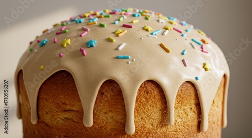 Iced cake topped with colorful sprinkles in natural light  