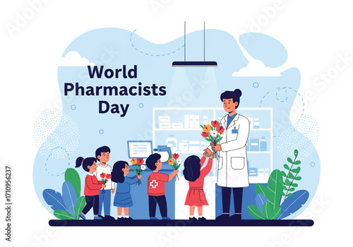 Flat illustration of children giving flowers to a smiling pharmacist at a pharmacy counter, celebrating World Pharmacists Day and showing appreciation for healthcare professionals and medical service