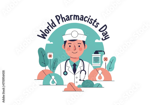 Logo of a smiling pharmacist in a white coat with stethoscope, celebrating World Pharmacists Day and recognizing healthcare, medicine, and the importance of pharmacy professionals