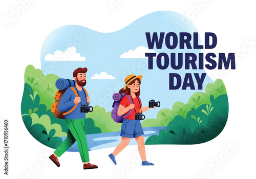 Flat illustration of tourists hiking with backpacks and cameras in the mountains, celebrating World Tourism Day with themes of outdoor adventure, exploration, and eco travel