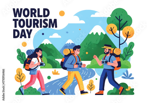 Flat illustration of tourists hiking with backpacks and cameras in the mountains, celebrating World Tourism Day with themes of outdoor adventure, exploration, and eco travel
