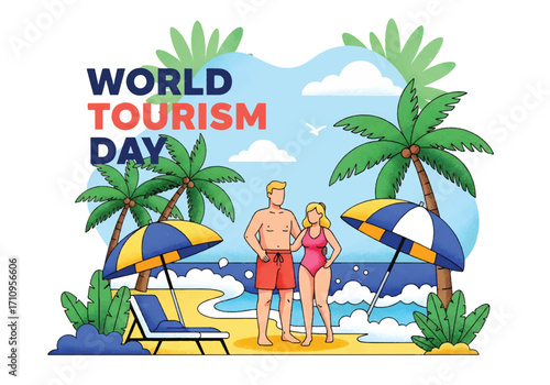Flat illustration of a couple enjoying a tropical beach with palm trees and umbrellas, celebrating World Tourism Day with themes of summer vacation, leisure, and seaside travel