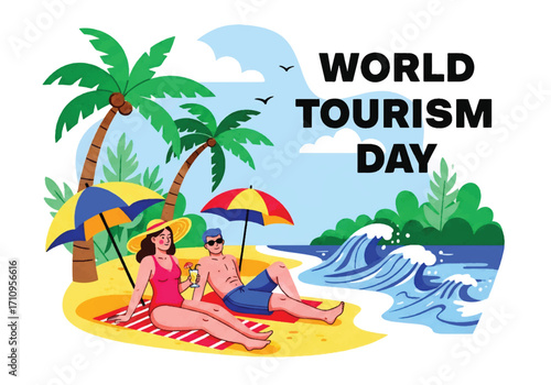 Flat illustration of a couple enjoying a tropical beach with palm trees and umbrellas, celebrating World Tourism Day with themes of summer vacation, leisure, and seaside travel