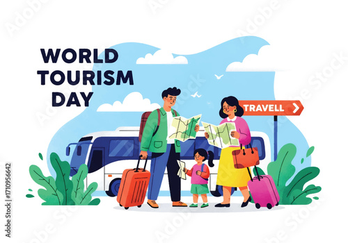 Flat illustration of a family traveling with luggage and a map in front of a bus, celebrating World Tourism Day with themes of journey, vacation, and international adventure