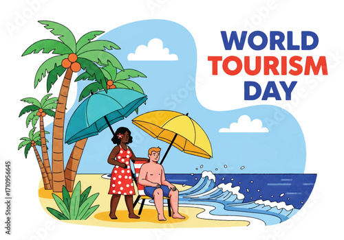Flat illustration of a couple enjoying a tropical beach with palm trees and umbrellas, celebrating World Tourism Day with themes of summer vacation, leisure, and seaside travel