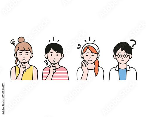 Simple vector illustration set of four troubled young women
