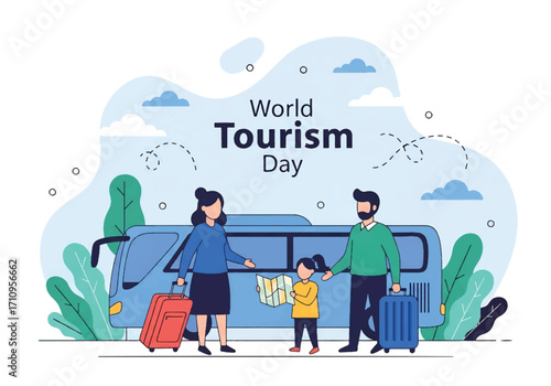 Flat illustration of a family traveling with luggage and a map in front of a bus, celebrating World Tourism Day with themes of journey, vacation, and international adventure