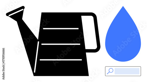 Watering can with handle and spout, large blue water drop, search bar. Ideal for gardening, environment, hydration, sustainability, agriculture, innovation simple landing page