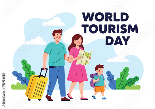Flat illustration of a family traveling with luggage and a map in front of a bus, celebrating World Tourism Day with themes of journey, vacation, and international adventure