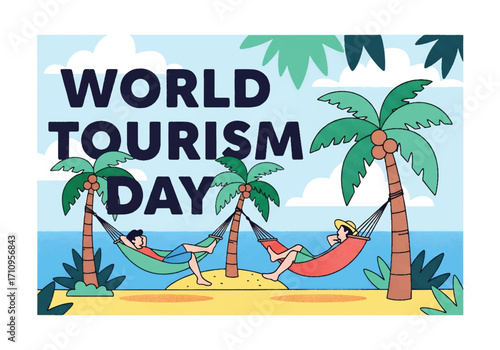 Flat illustration of a tourist relaxing in a hammock between palm trees on a tropical island, celebrating World Tourism Day with themes of vacation, leisure, and summer travel