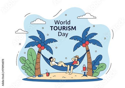 Flat illustration of a tourist relaxing in a hammock between palm trees on a tropical island, celebrating World Tourism Day with themes of vacation, leisure, and summer travel
