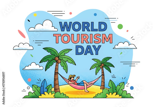 Flat illustration of a tourist relaxing in a hammock between palm trees on a tropical island, celebrating World Tourism Day with themes of vacation, leisure, and summer travel
