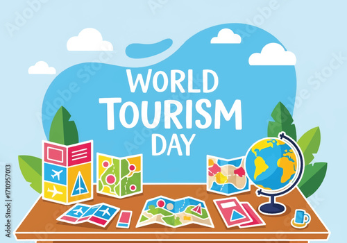 Flat illustration of World Tourism Day with globe, maps, brochures, and travel guides on a desk, symbolizing global exploration, adventure planning, and international destinations