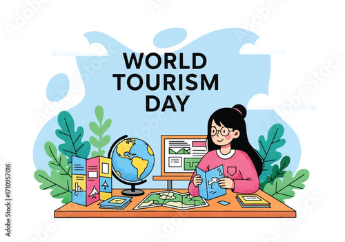 Flat illustration of a young woman planning a trip with maps, globe, and brochures at a desk, celebrating World Tourism Day and promoting global travel and adventure