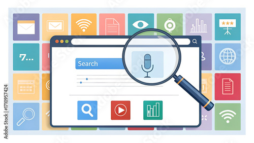 illustration of an ai-powered search engine with a magnifying glass and app icons, representing modern technology for online search, data analysis, and digital marketing