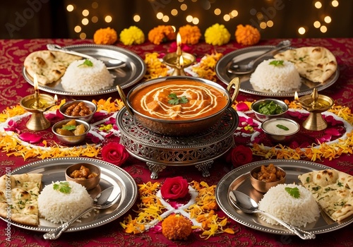 A festive indian meal with curry, Paneer butter masala, rice, and naan bread, decorated with marigolds