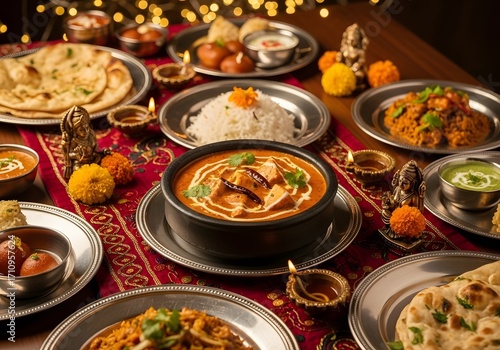 Closeup of a rich indian curry, Paneer butter masala dish with naan bread and rice on a decorated table