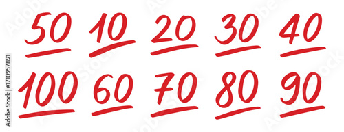 Doodle hand drawn test result set. exam score symbols. grade marks collection with red numbers. 10, 20, ...