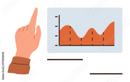 Hand gesturing towards a wavy orange line chart with axis grid, focusing on data trends and growth. Ideal for statistics, presentation, analysis, education, planning, business strategy, simple flat